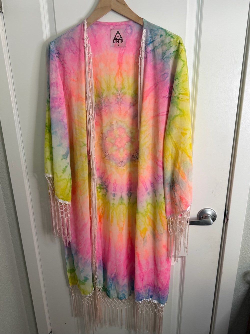 UNIF Tie-Dye Fringe Kimono - Pink, Yellow, Green, Blue